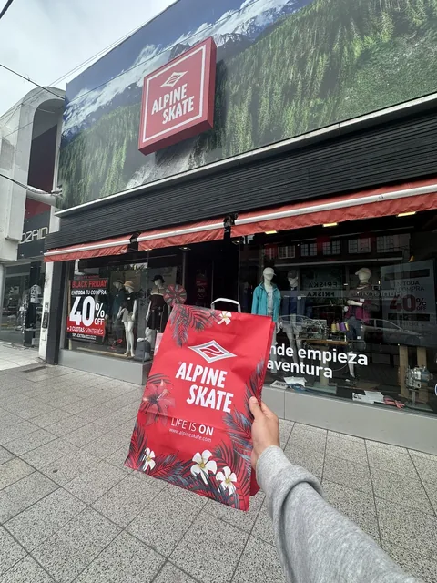 Alpine Skate store window with the campaign vinyl, and the brand's shopping bag