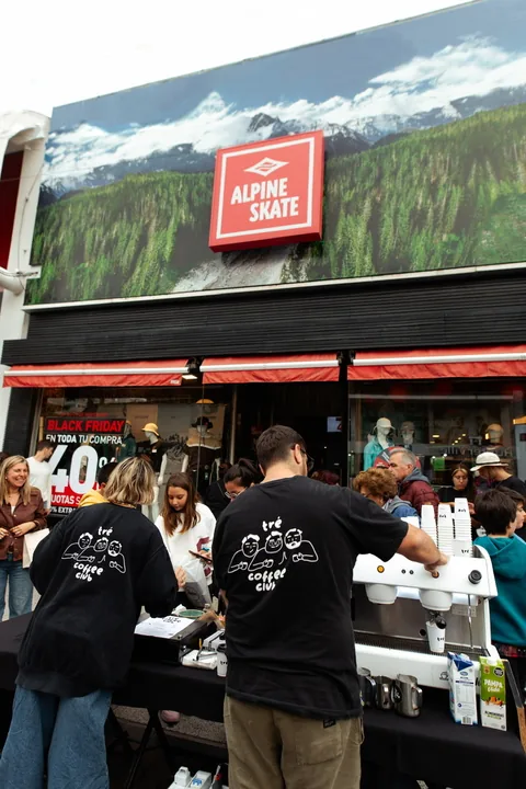 The Alpine Skate storefront during Black Friday, with the coffee bar at the door